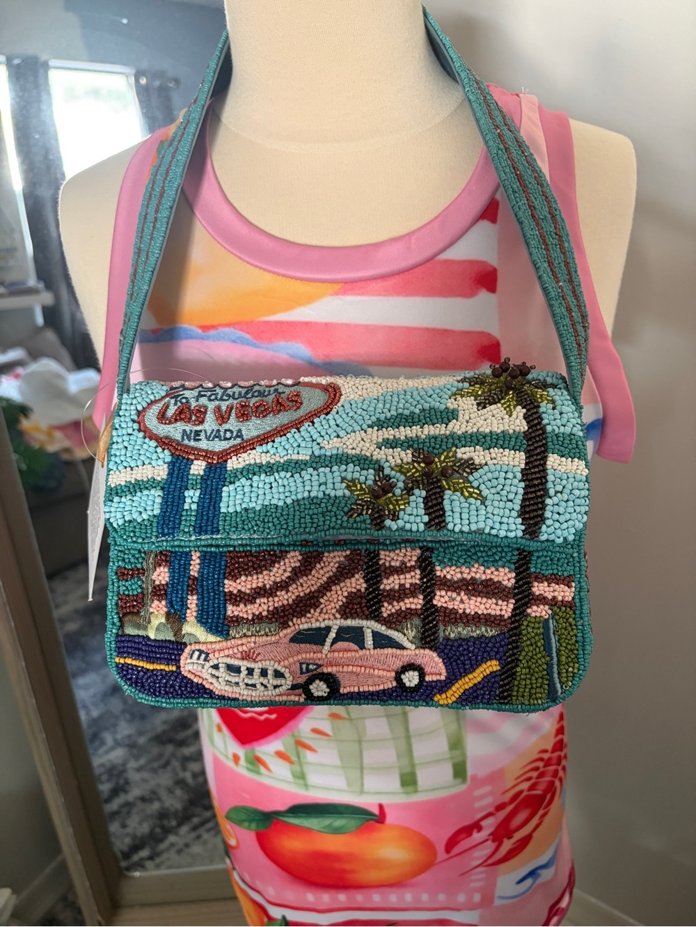 Beaded Las Vegas Scene Shoulder Bag - Turquoise & Pink